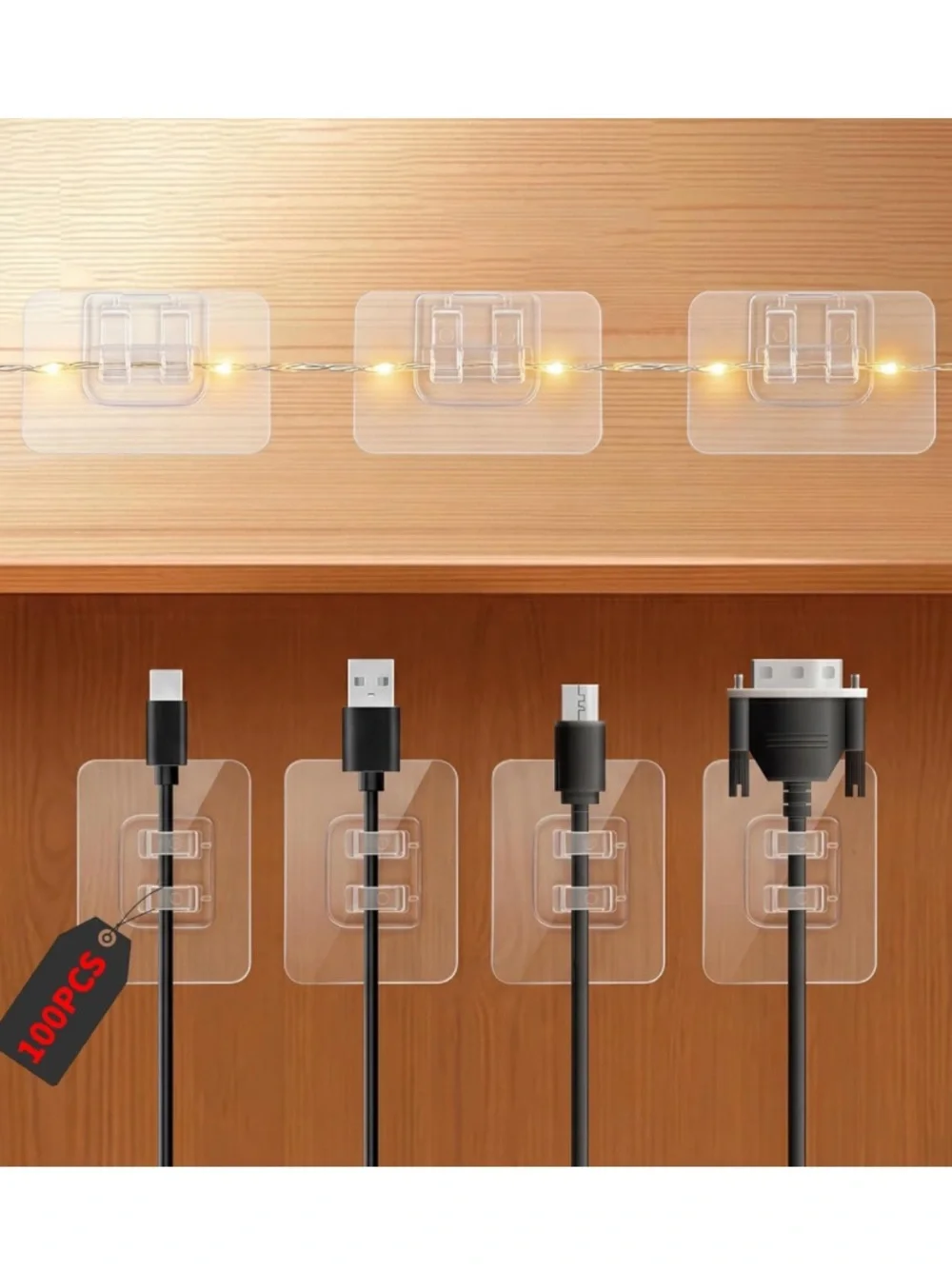 Clear Adhesive Cable Clips with Mounts - Transparent Cord Organizers